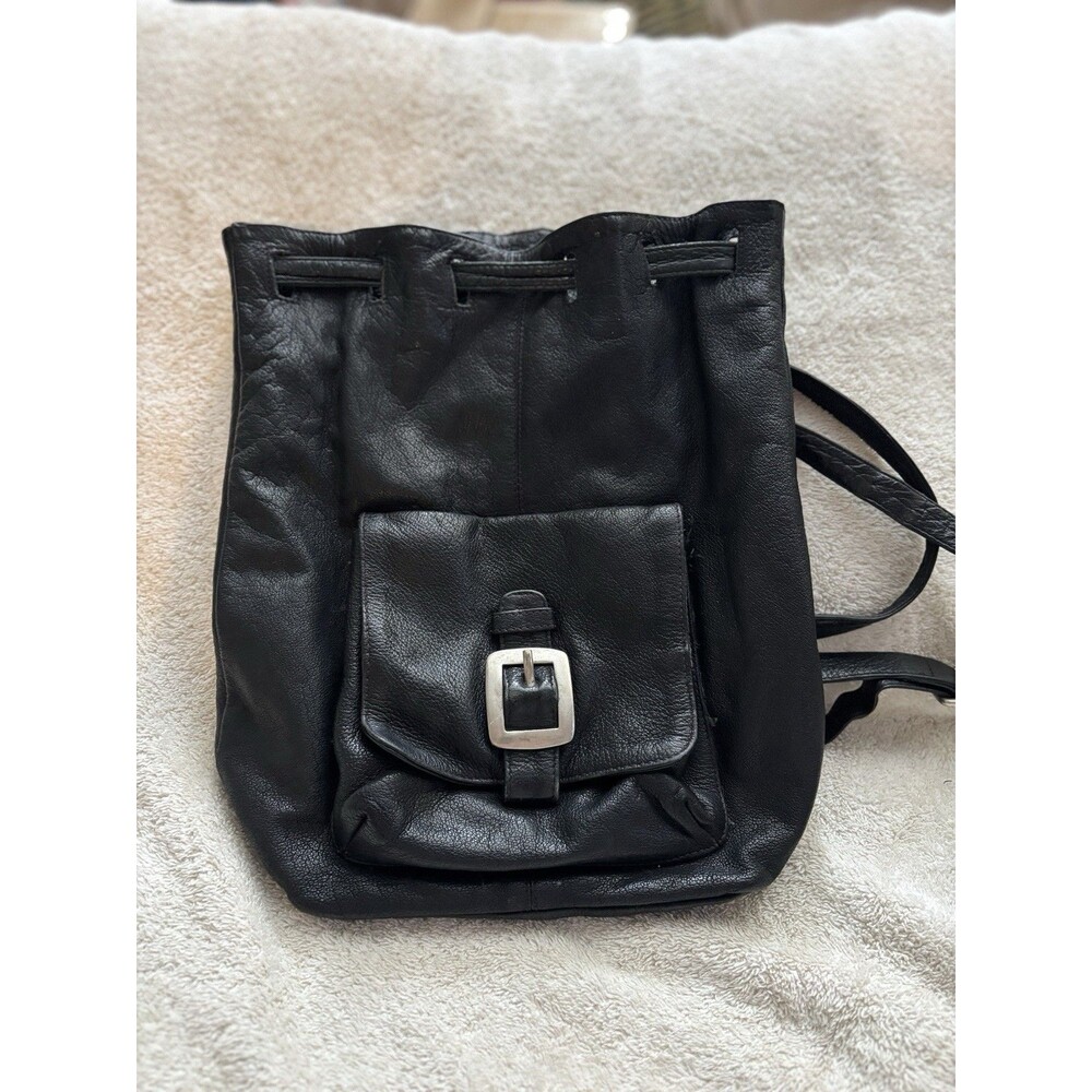 Vintage Black Leather Backpack Drawstring Sack Style Back Zip Pocket Distressed - Picture 3 of 12